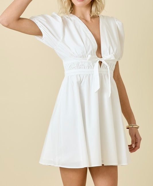Deep V Poplin Mini Dress w/Puff Sleeves