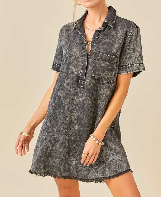 Short Sleeve Washed Denim Shirt Dress
