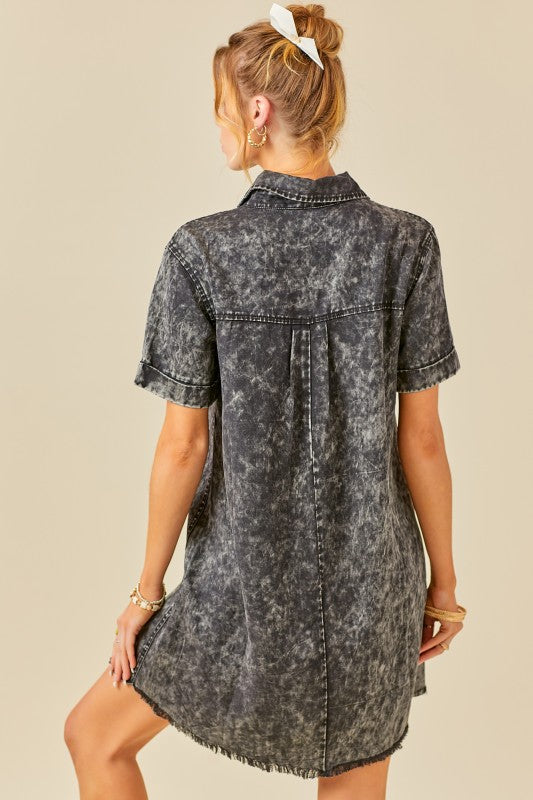 Short Sleeve Washed Denim Shirt Dress