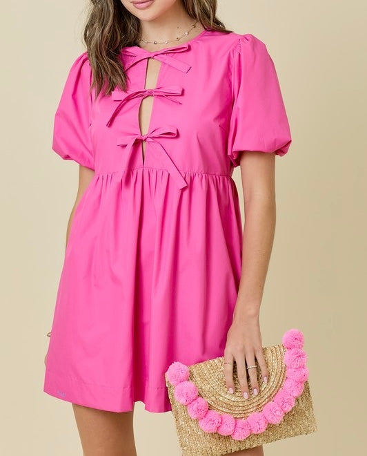Open V Neck Mini Dress w/Triple Ties