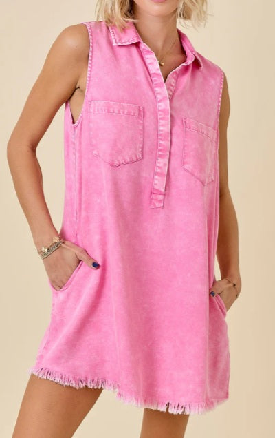 Sleeveless Button Down Shirt Dress w/Pockets