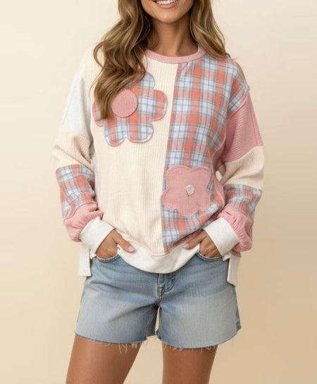 Plaid Woven Solid Textured Knit Top