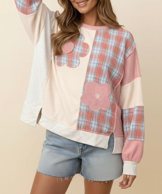 Plaid Woven Solid Textured Knit Top