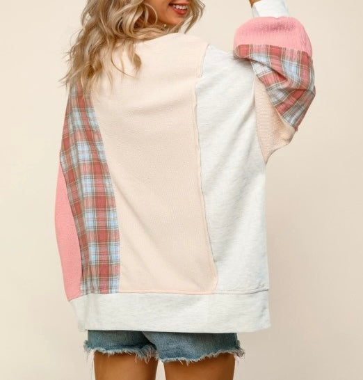 Plaid Woven Solid Textured Knit Top