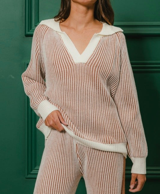 Two Tone Ribbed Knit Sweater and Pants Set