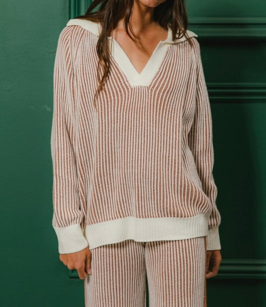 Two Tone Ribbed Knit Sweater and Pants Set
