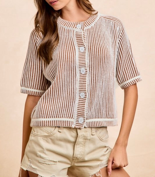 Two Tone Ivory/Cinnamon Rib Texture Short Raglan Sweater Cardigan