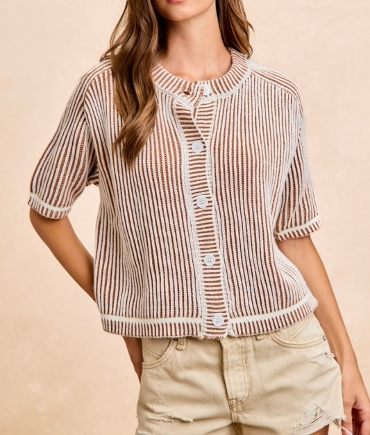 Two Tone Ivory/Cinnamon Rib Texture Short Raglan Sweater Cardigan