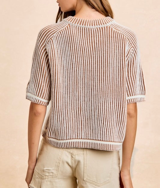 Two Tone Ivory/Cinnamon Rib Texture Short Raglan Sweater Cardigan