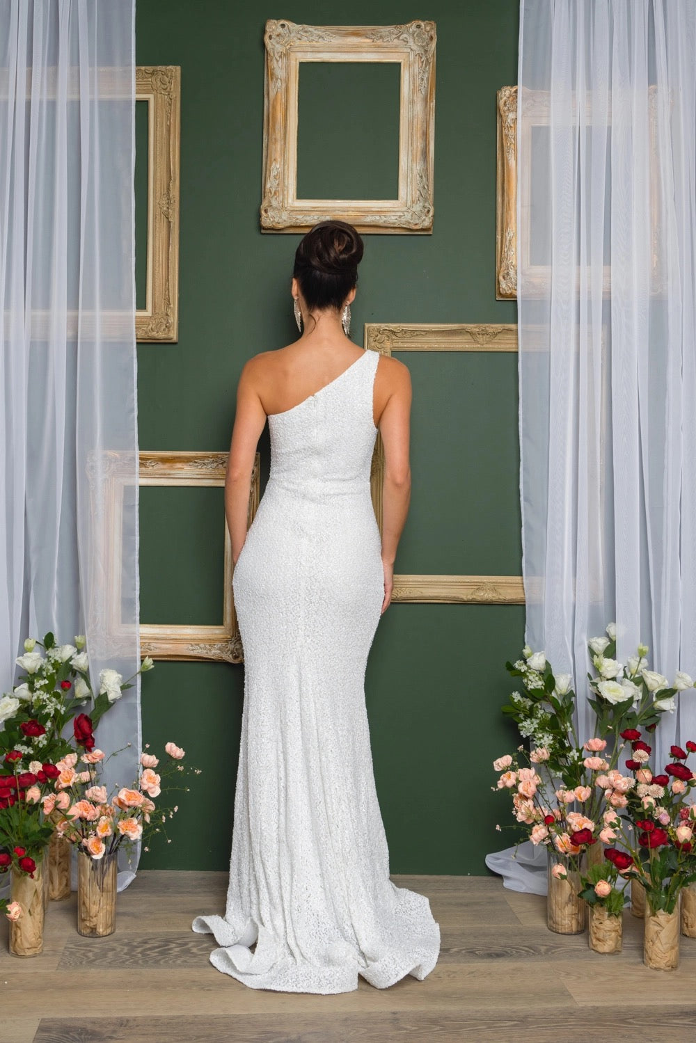 One Shoulder White Sequin Gown