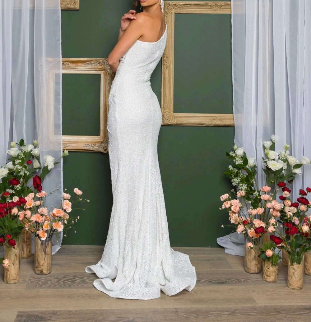 One Shoulder White Sequin Gown
