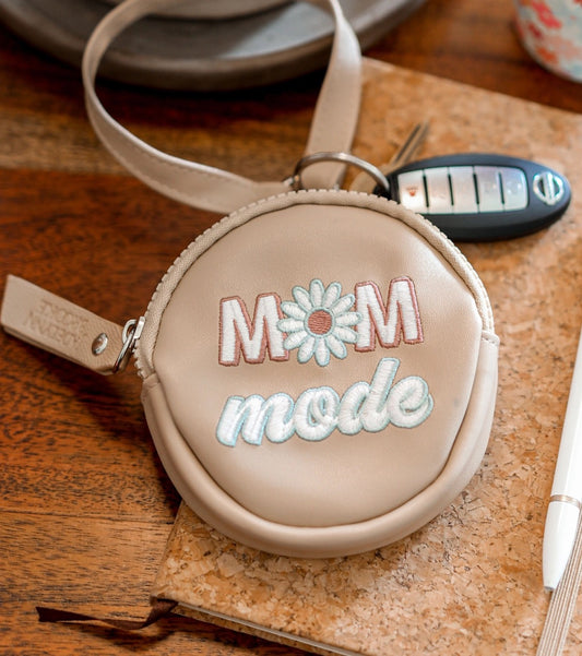 Beige Wristlet Embroidered Text "Mom Mode"