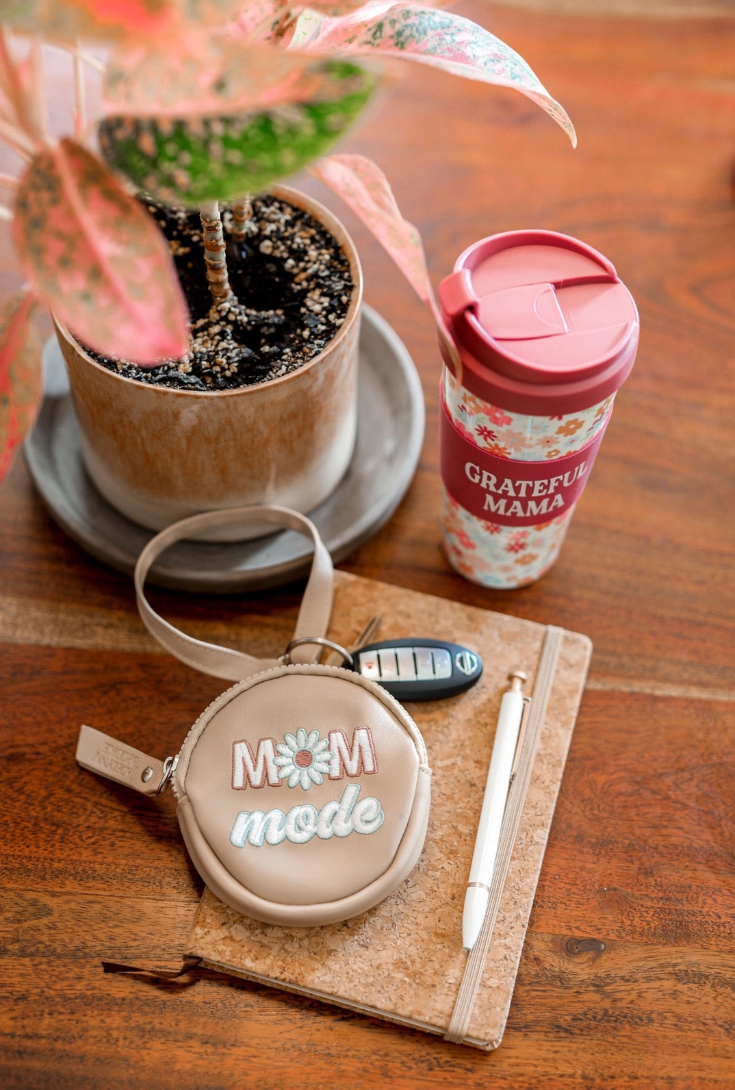 Beige Wristlet Embroidered Text "Mom Mode"