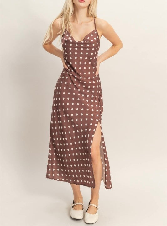Chocolate Polka Dot Satin Dress (White Dots)