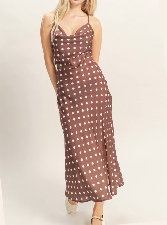 Chocolate Polka Dot Satin Dress (White Dots)