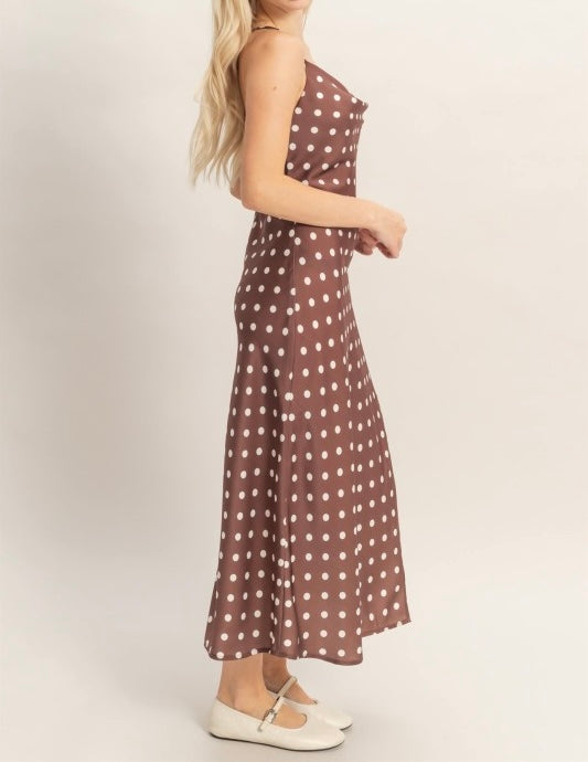 Chocolate Polka Dot Satin Dress (White Dots)