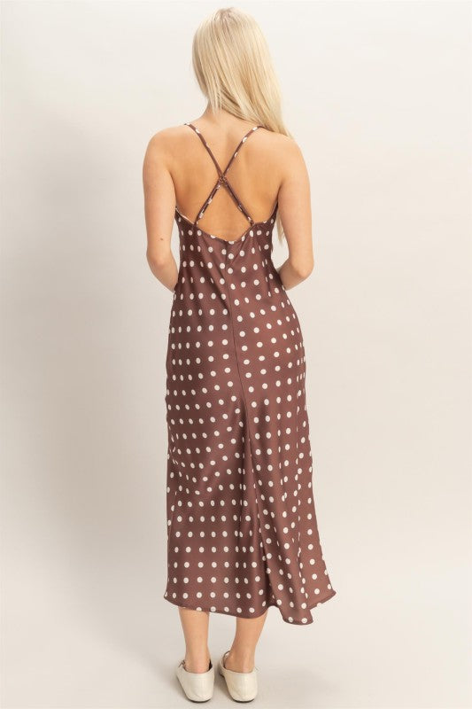 Chocolate Polka Dot Satin Dress (White Dots)