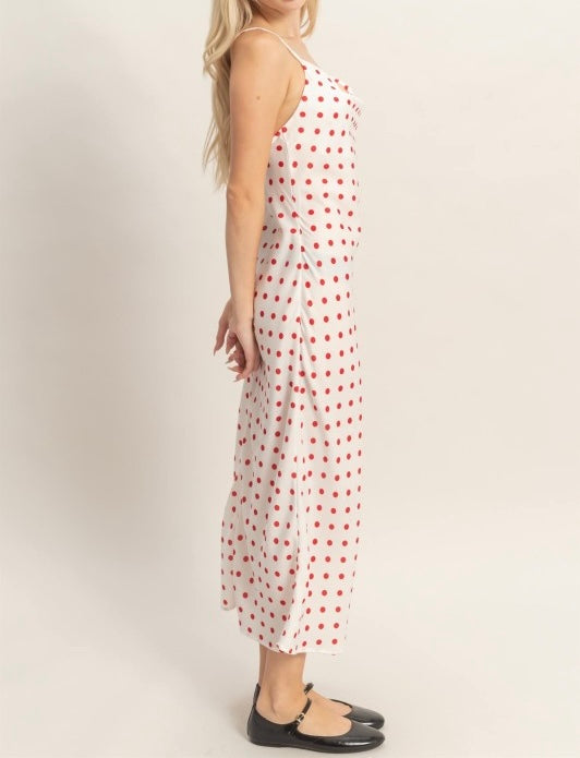 White Polka Dot Satin Dress (Red Dots)