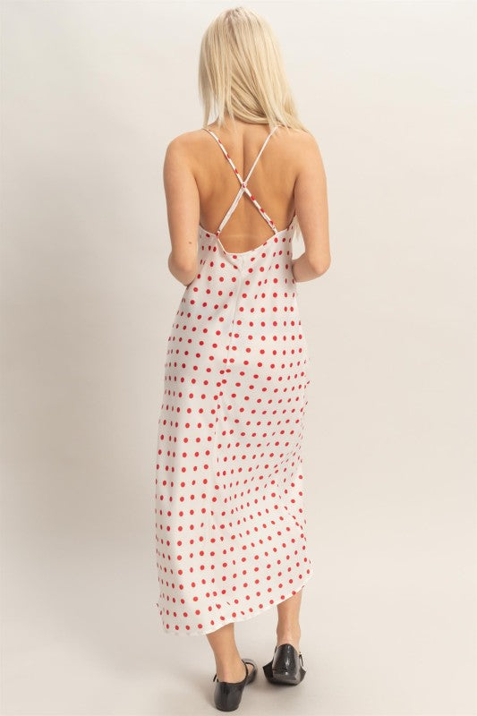 White Polka Dot Satin Dress (Red Dots)