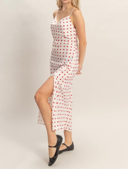 White Polka Dot Satin Dress (Red Dots)