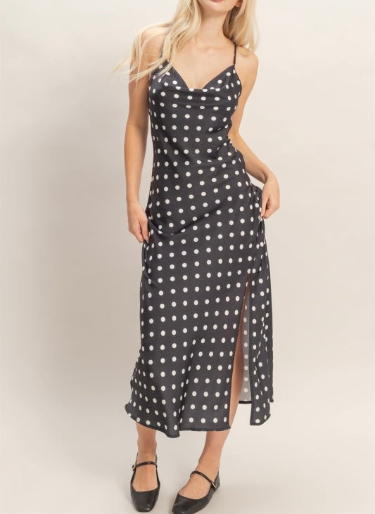 Black Polka Dot Satin Dress (White Dots)
