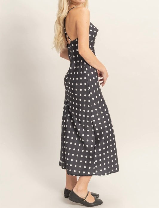 Black Polka Dot Satin Dress (White Dots)