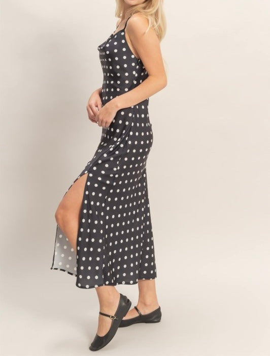Black Polka Dot Satin Dress (White Dots)