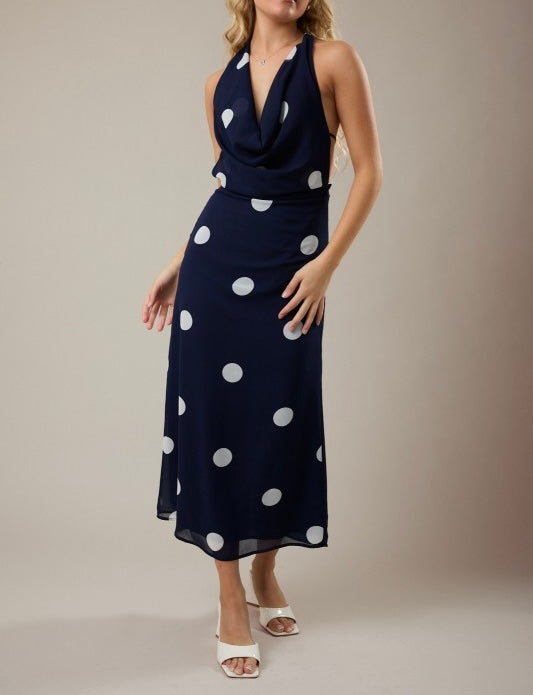 Navy-White Dot Halter Maxi Dress