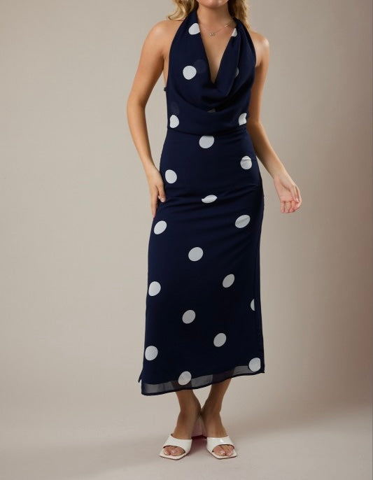 Navy-White Dot Halter Maxi Dress