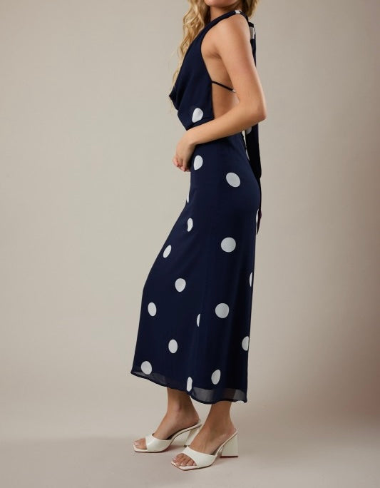 Navy-White Dot Halter Maxi Dress