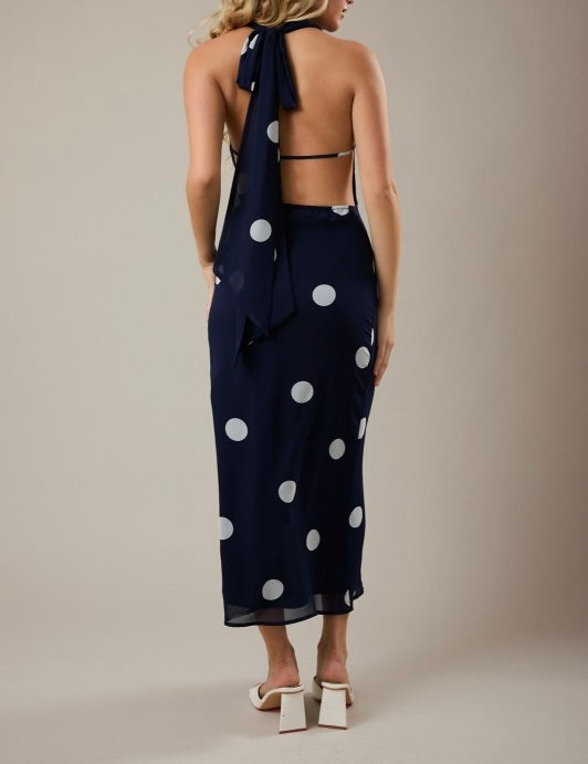 Navy-White Dot Halter Maxi Dress