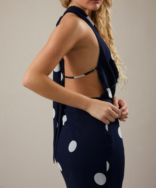 Navy-White Dot Halter Maxi Dress