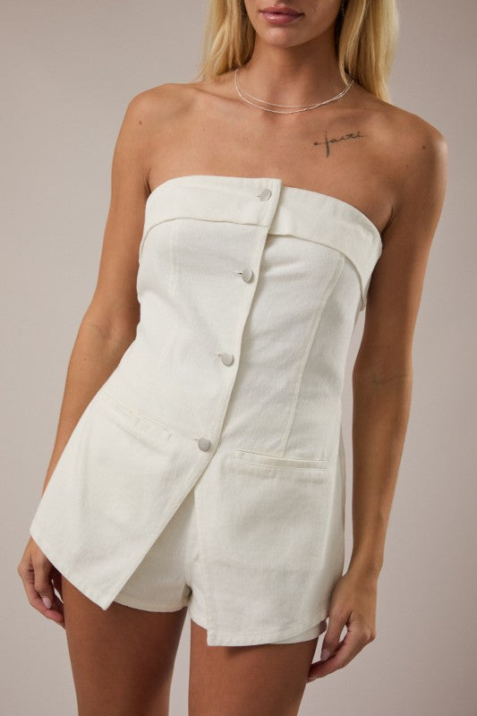 Straplesss White Denim Romper