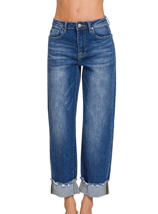 Wide Cuffed Raw Hem Denim Pants