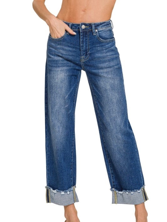 Wide Cuffed Raw Hem Denim Pants