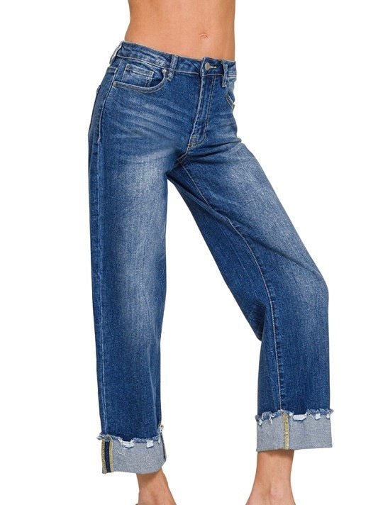 Wide Cuffed Raw Hem Denim Pants