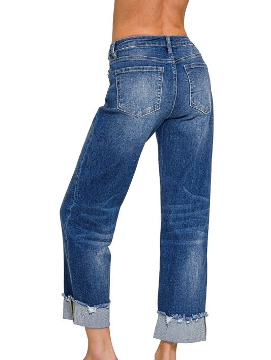 Wide Cuffed Raw Hem Denim Pants