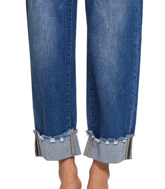 Wide Cuffed Raw Hem Denim Pants