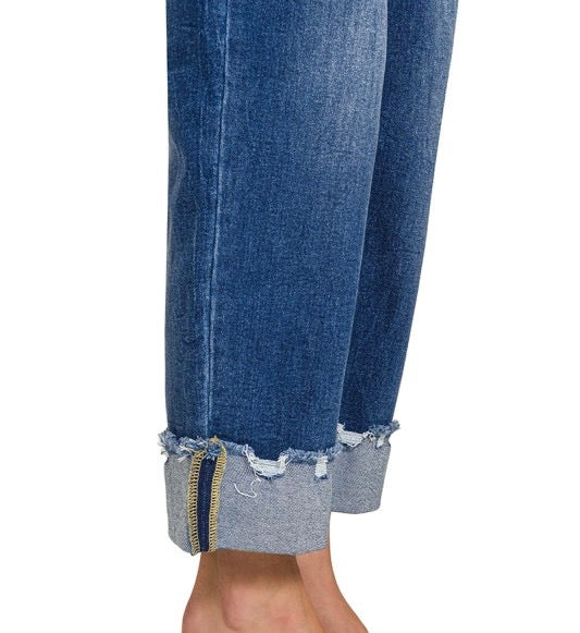 Wide Cuffed Raw Hem Denim Pants