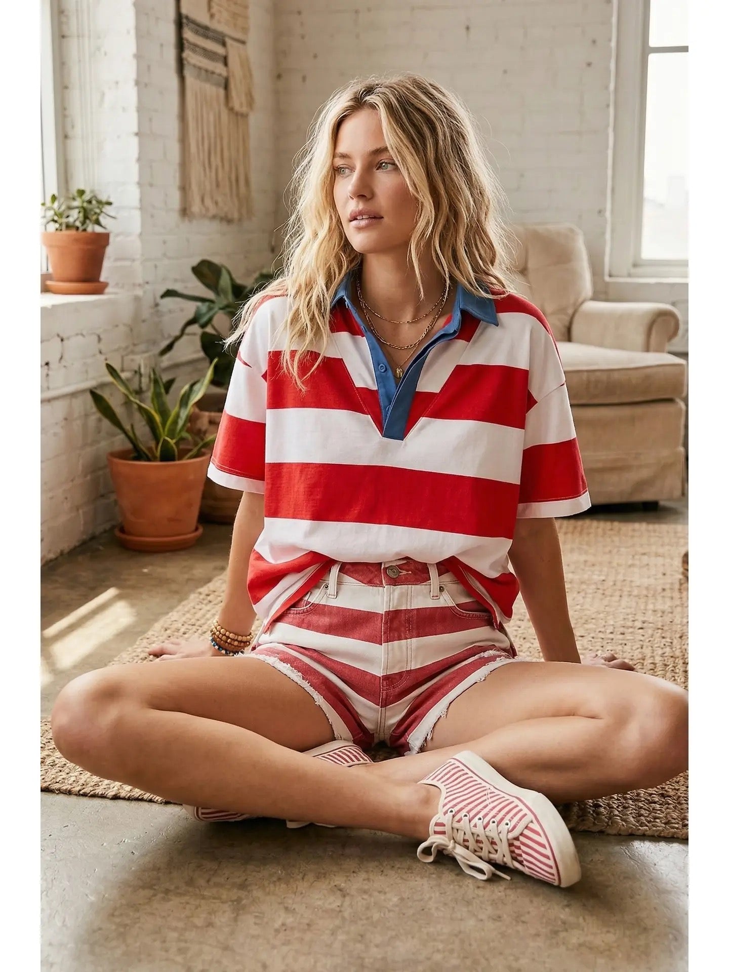Red & White Striped Polo with Contrast Blue Collar Shirt