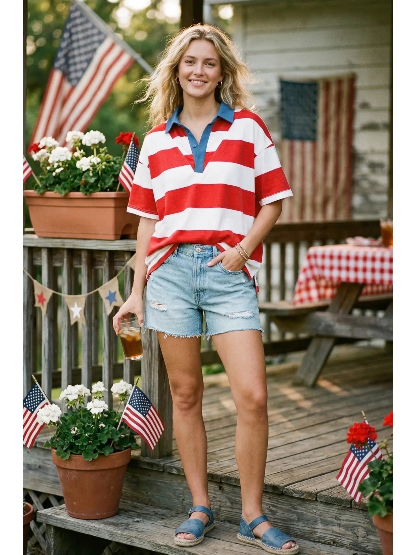 Red & White Striped Polo with Contrast Blue Collar Shirt