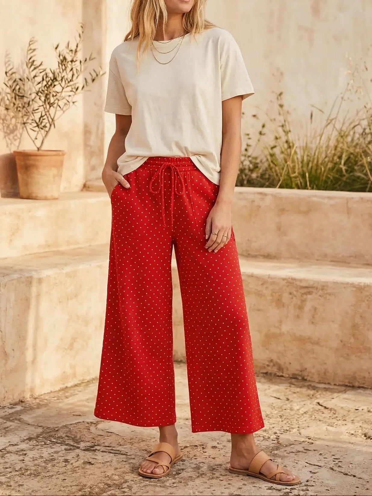 Woman wearing a white t-shirt and red polka dot pants standing in front of a stone wall.