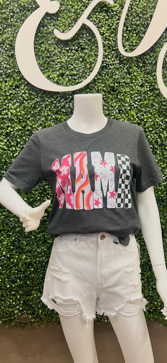 "MAMA" Graphic Mixed Patterns T-Shirt