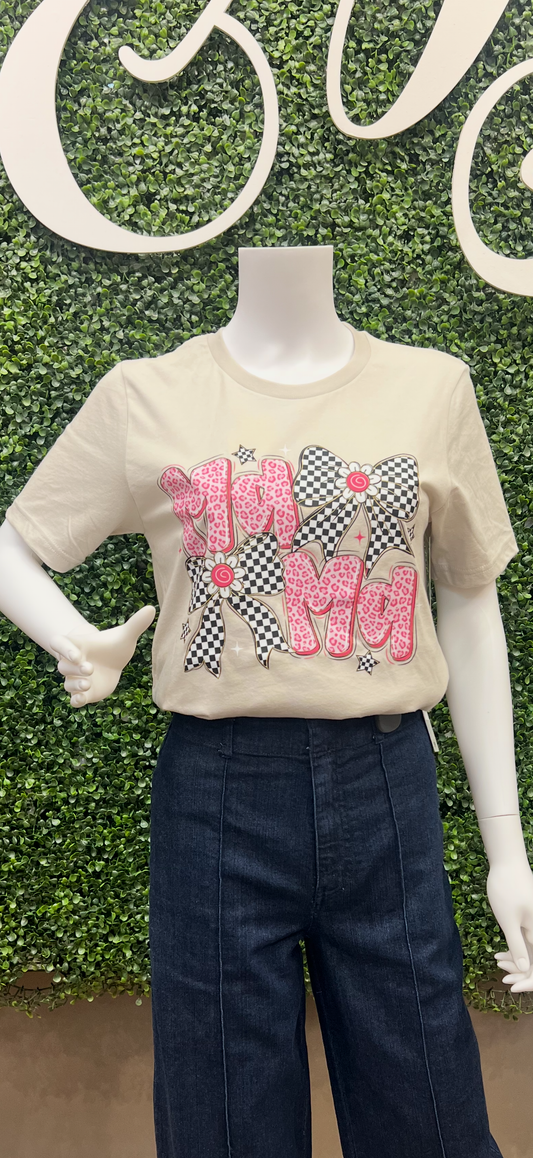 Checkered Bows & Pink Leopard Print "Mama" T-Shirt