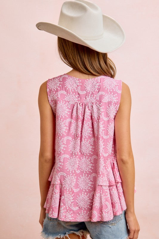 Sleeveless Denim Shirt Floral Print Blouse