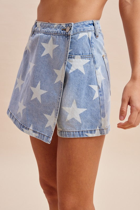 4th of July Star Printed Denim Wrap Skort