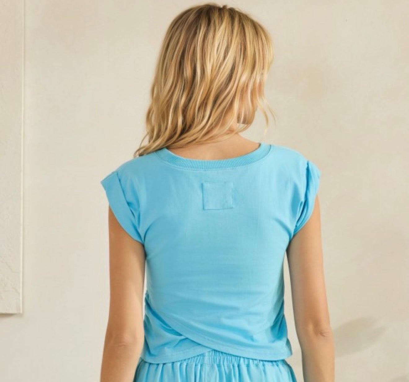 Sky Drift Turquoise Cropped Crossover Top