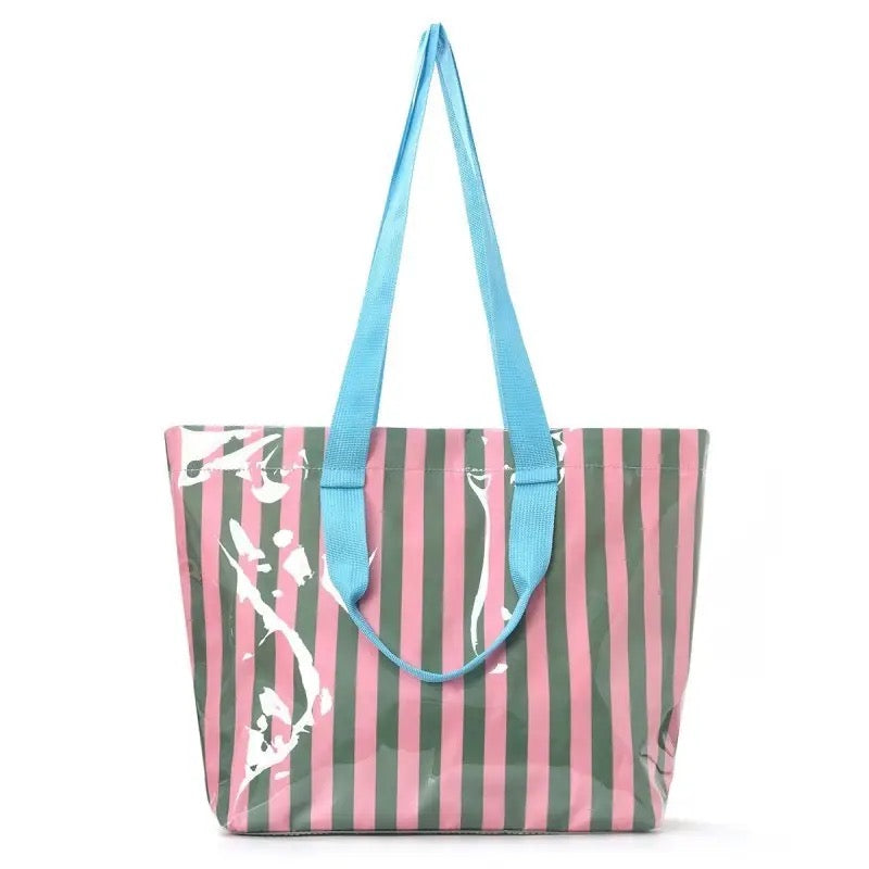 Waterproof Striped Plastic Pink & Gray with Turquoise Handles