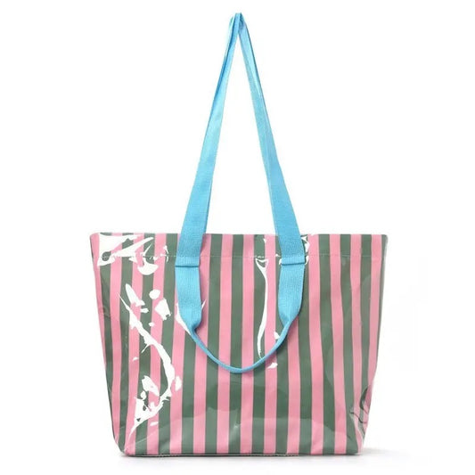 Waterproof Striped Plastic Pink & Gray with Turquoise Handles