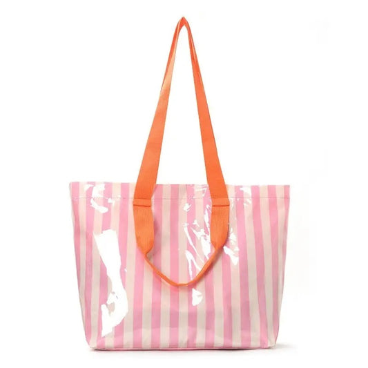 Waterproof Striped Plastic Pink Tote with Orange Handles